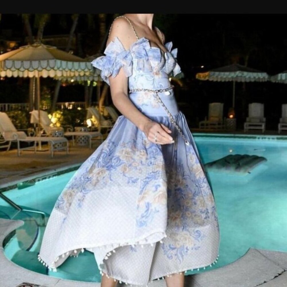 On Hold- ZIMMERMANN Postcard Bow Bodice Periwinkle Lilac Puff Sleeve Dress - Picture 6 of 7